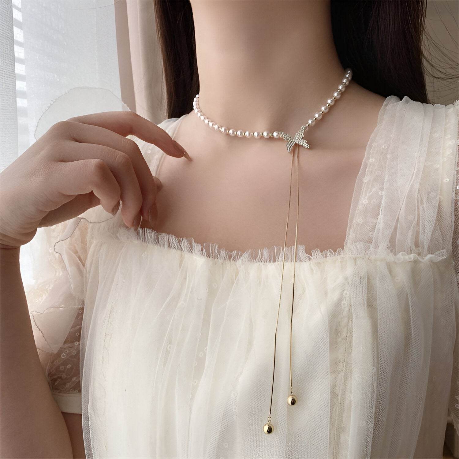 Butterfly Pearl Chain Necklace - CRIMARA