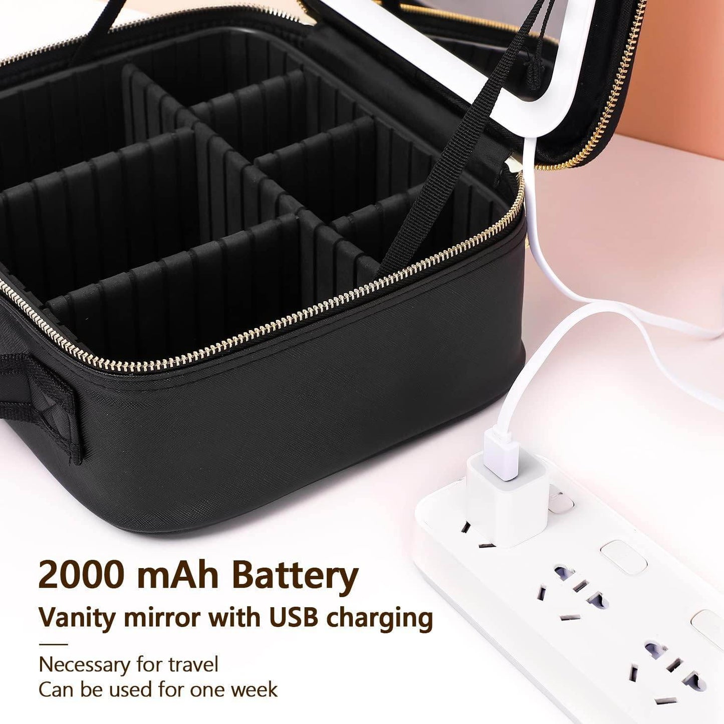 Travel Makeup Bag with LED Mirror & 3 Light Modes – Portable Cosmetic Organizer Case with Adjustable Dividers & Rechargeable Light | Vanity Case for Women