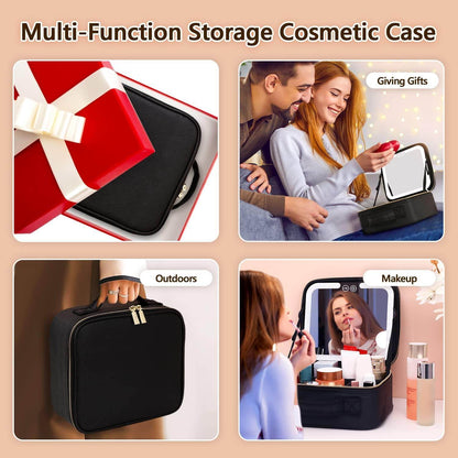 Travel Makeup Bag with LED Mirror & 3 Light Modes – Portable Cosmetic Organizer Case with Adjustable Dividers & Rechargeable Light | Vanity Case for Women