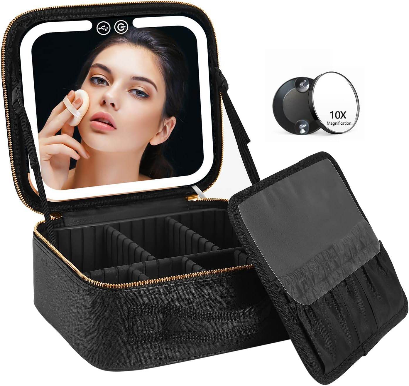 Travel Makeup Bag with LED Mirror & 3 Light Modes – Portable Cosmetic Organizer Case with Adjustable Dividers & Rechargeable Light | Vanity Case for Women