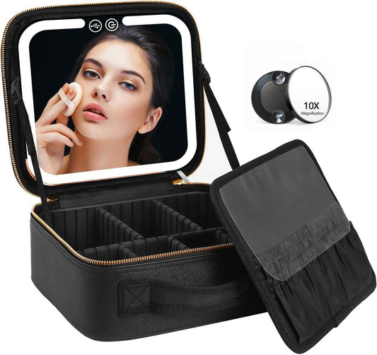 Travel Makeup Bag with LED Mirror & 3 Light Modes – Portable Cosmetic Organizer Case with Adjustable Dividers & Rechargeable Light | Vanity Case for Women
